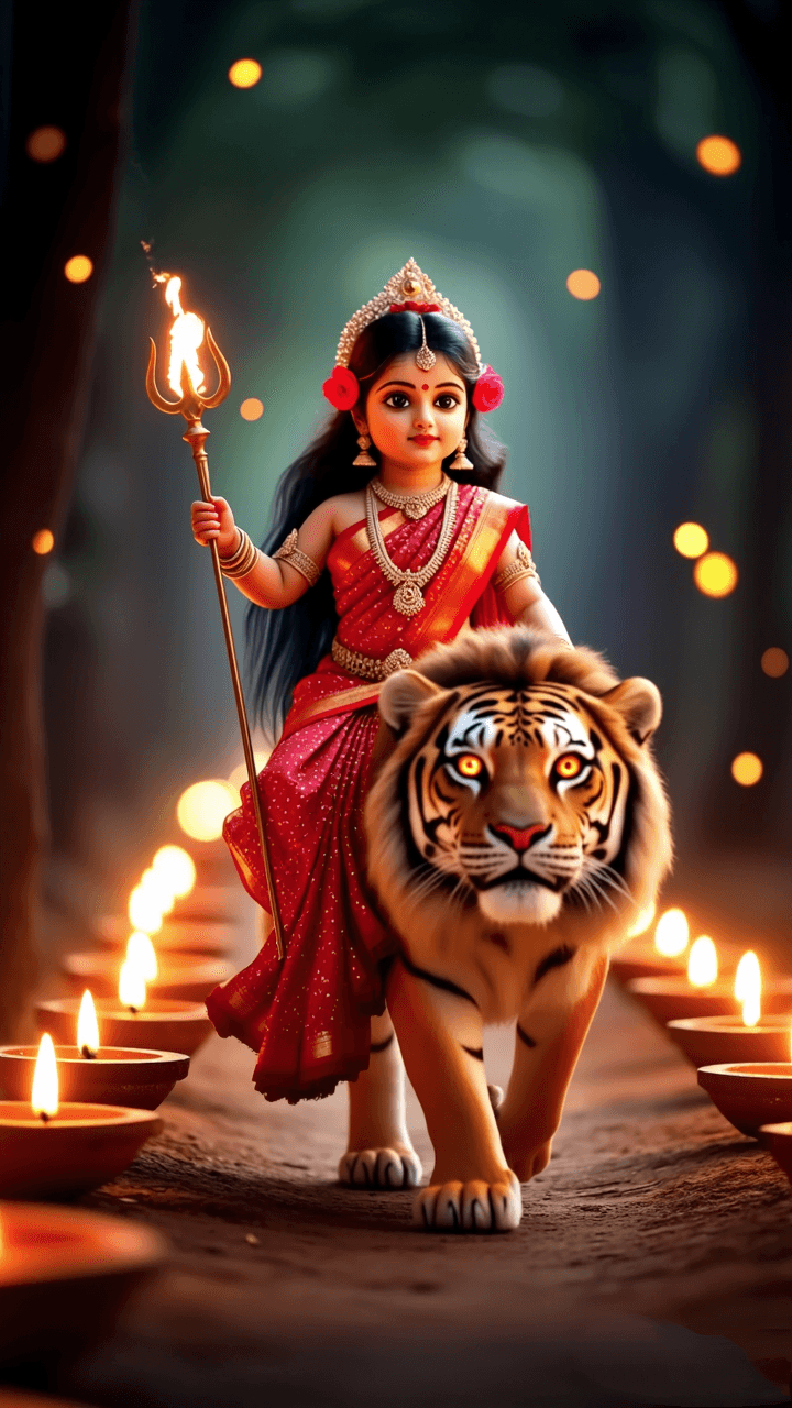 Goddess Durga walking with tiger holding trident surrounded by glowing diyas