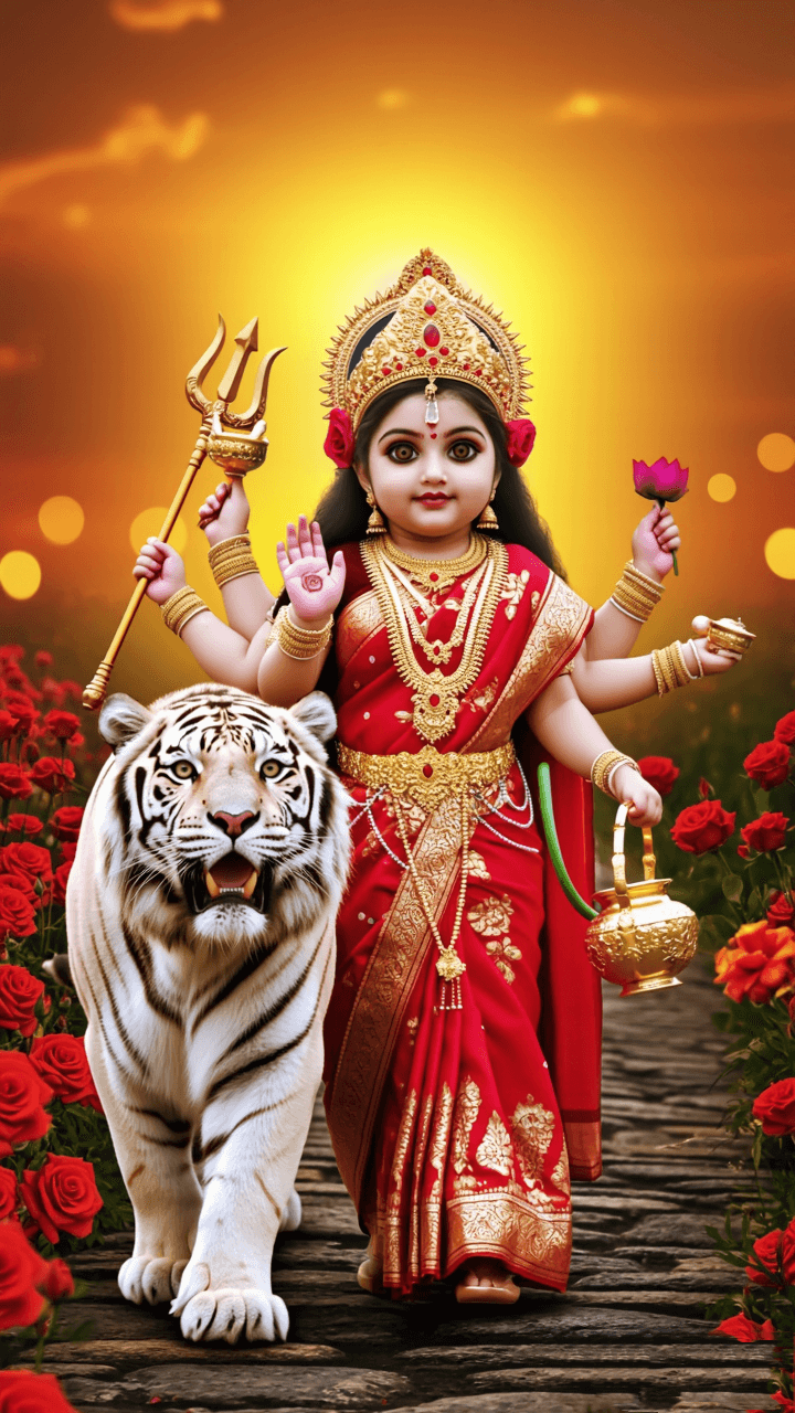 Image of Goddess Durga walking with tiger holding trishul, lotus, and kalash.