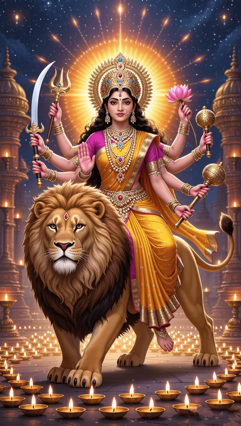 Goddess Durga with lion and golden temple background with diyas.