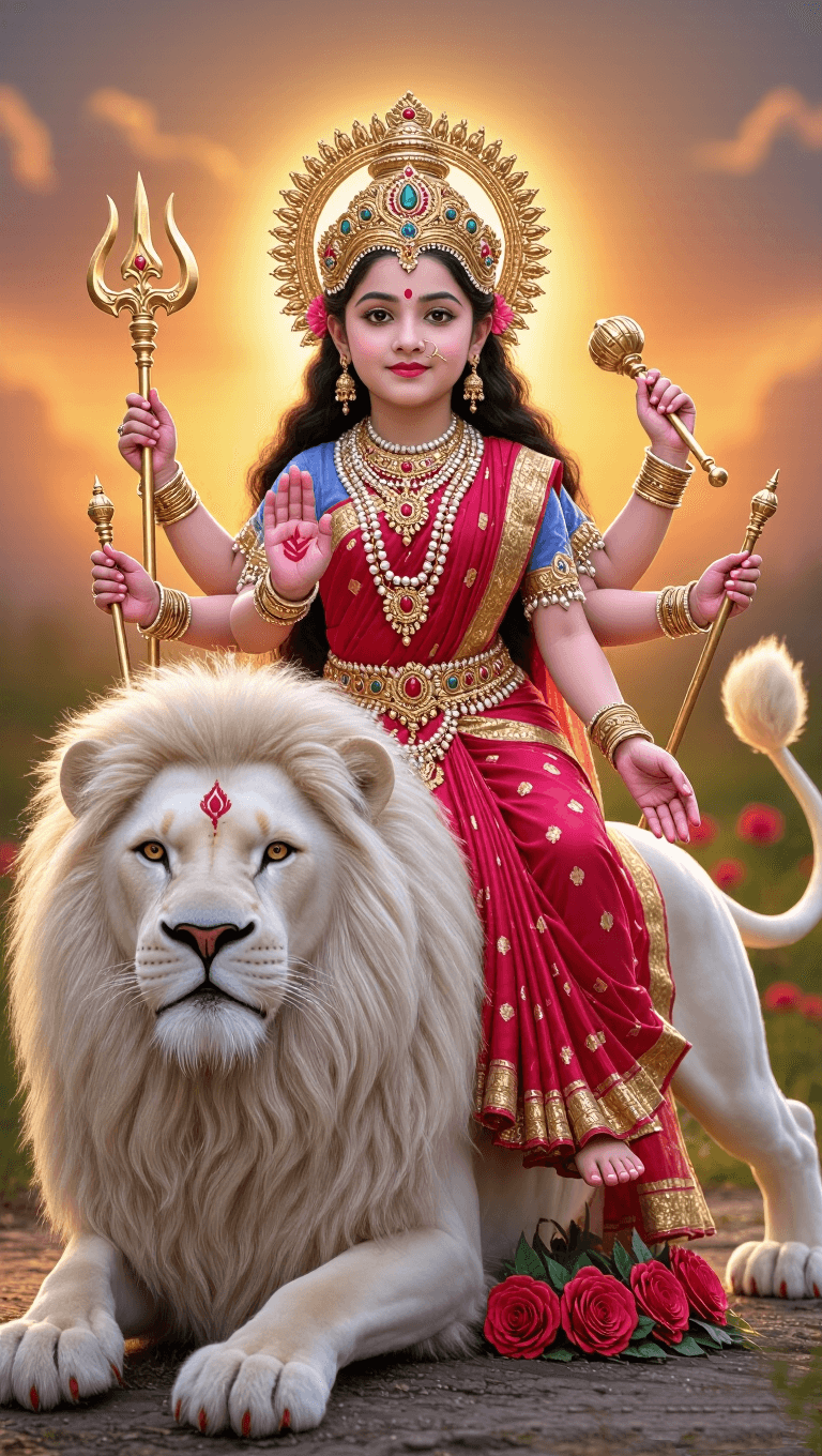 Image of Goddess Durga standing with lion holding trishul, sword, and lotus.
