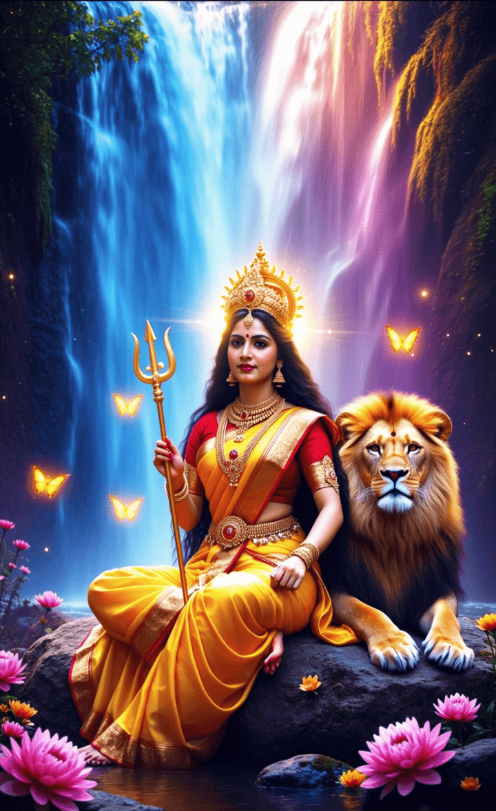 Goddess Durga with lion and glowing waterfall background