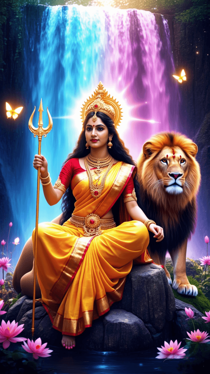 Goddess Durga with lion and glowing waterfall background
