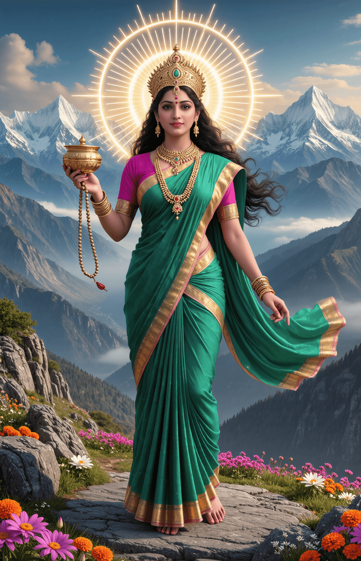 Goddess in green saree with crown, golden pot, and aura in mountains.