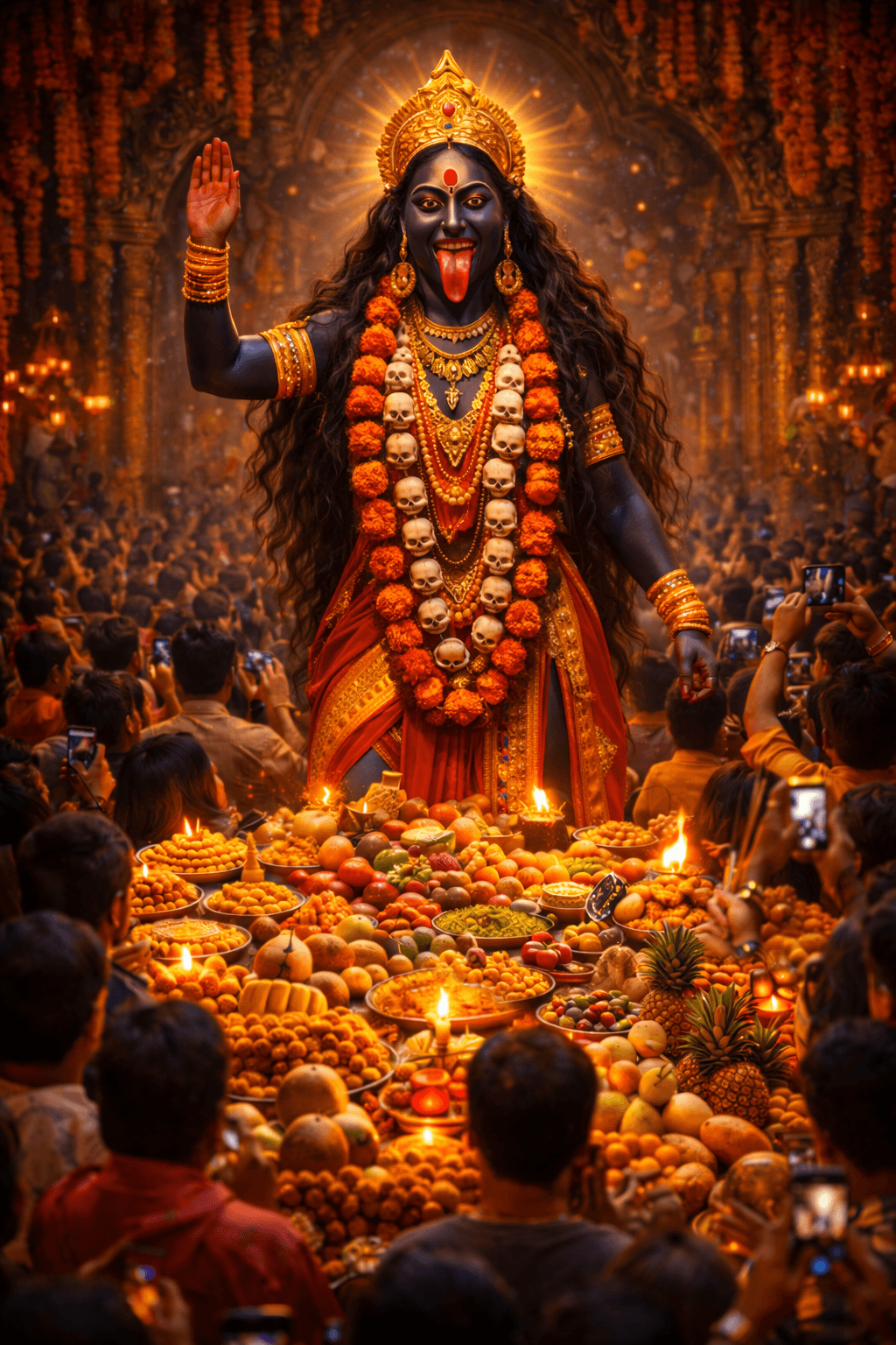HD image of Goddess Kali blessing devotees in temple.