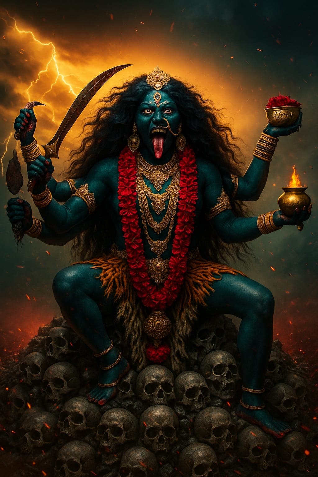 4K image of Goddess Kali cosmic form with skulls and lightning.