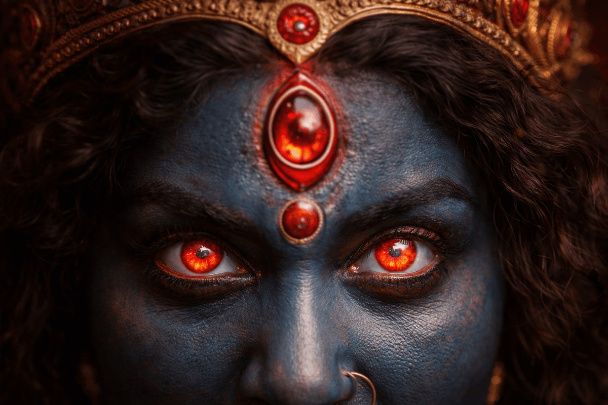 HD close-up image of Goddess Kali fiery eyes and third eye.
