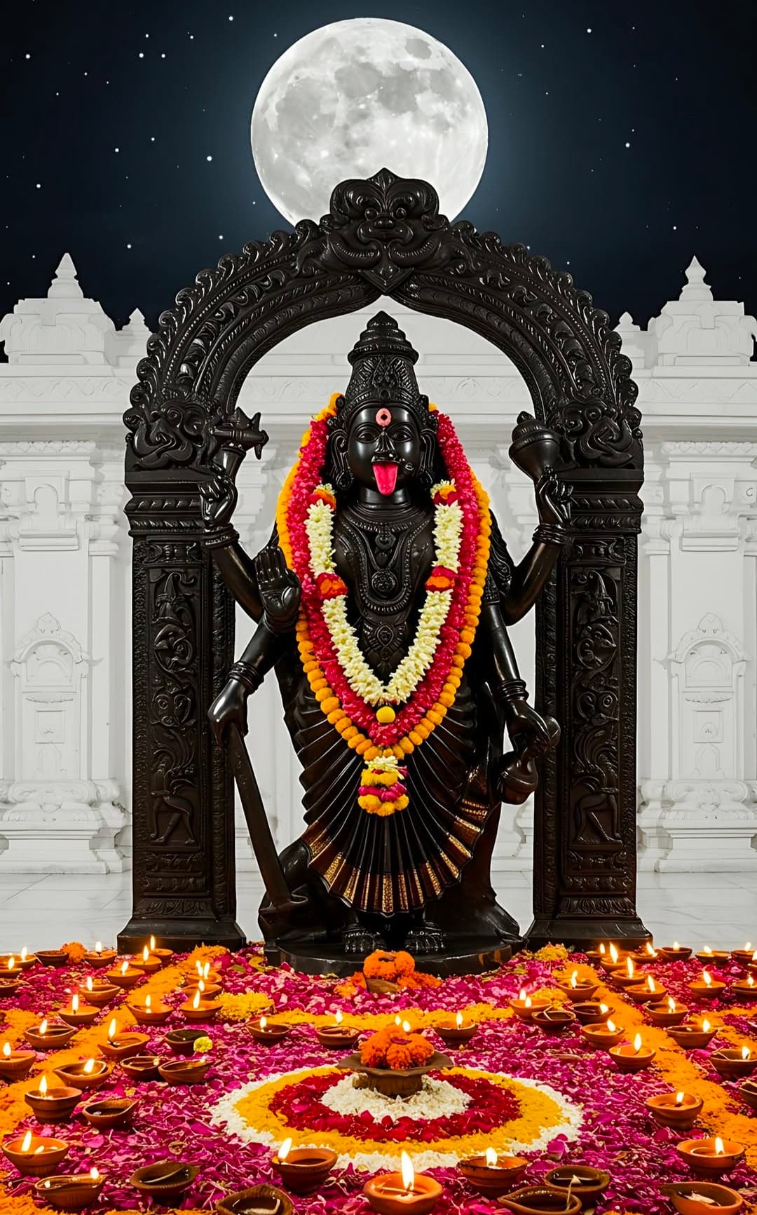 Goddess Kali idol with full moon, garlands, diyas, and flowers