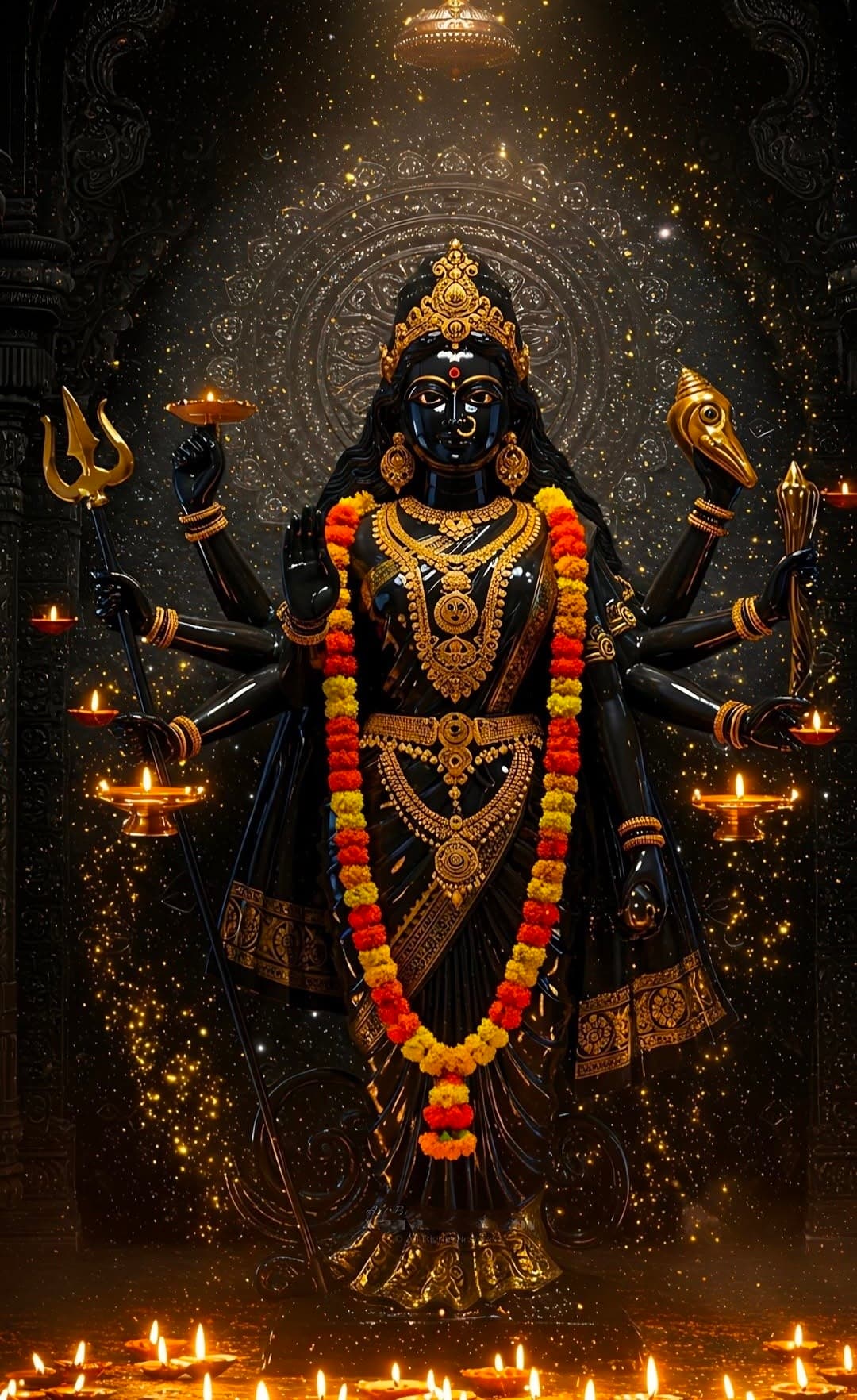 Goddess Kali idol in black saree with lamps and trishul