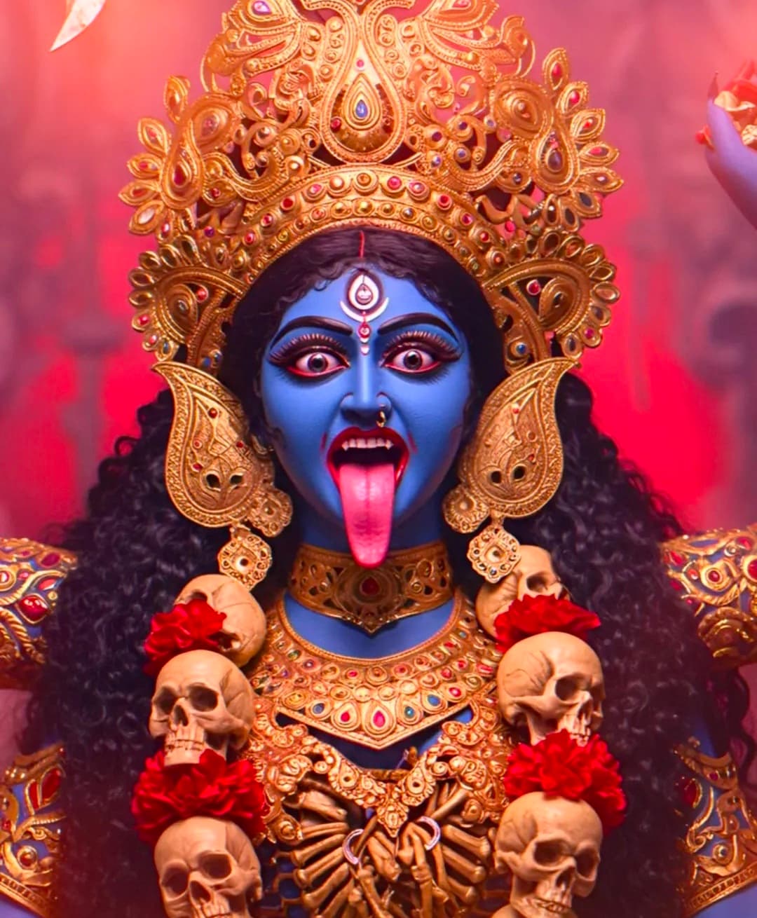 Fierce blue form of Goddess Kali with golden crown, ornaments, and skull garland.