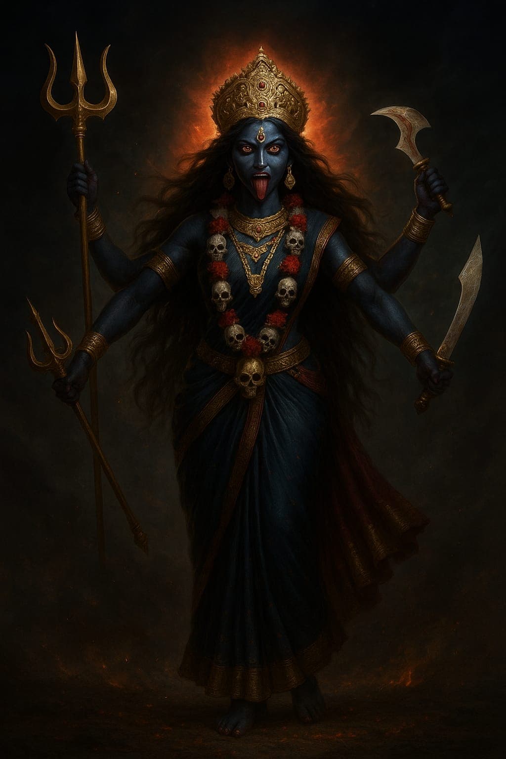 HD image of Goddess Kali with golden halo and multiple arms.