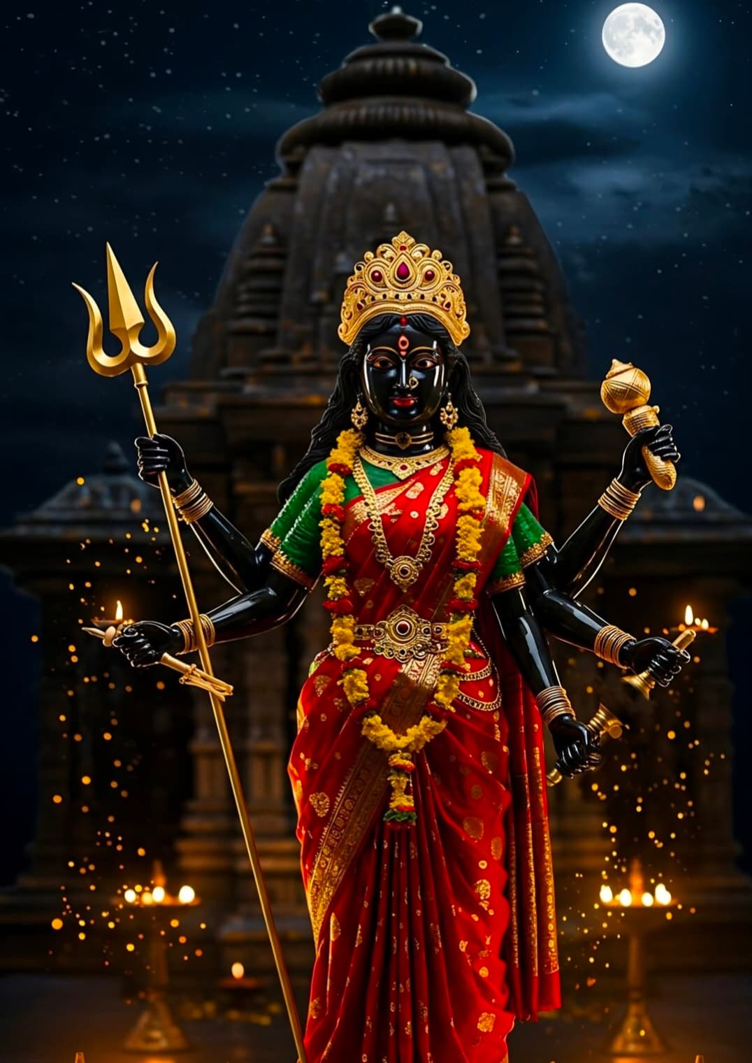Goddess Kali in red saree holding trishul standing in temple