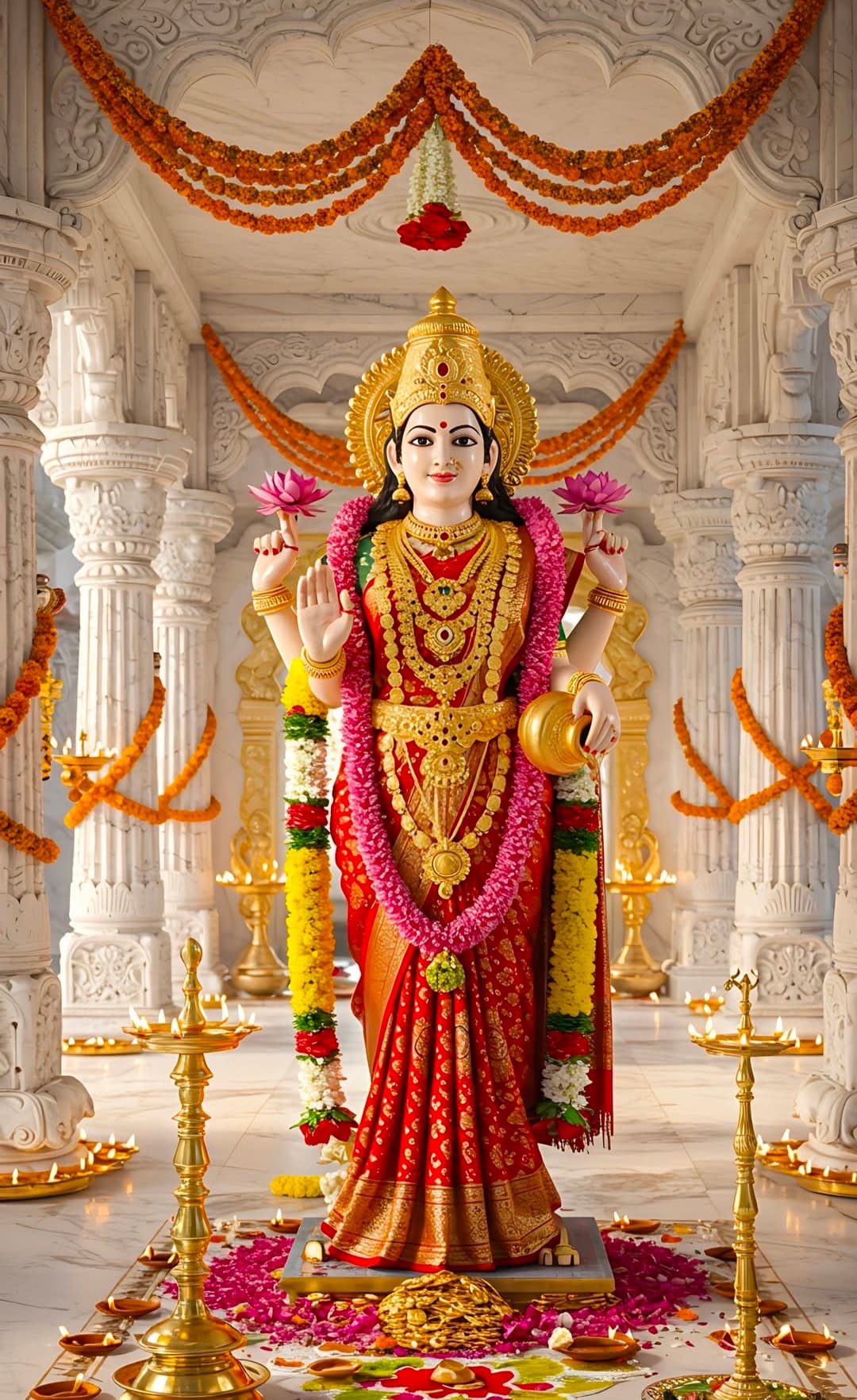 Lakshmi idol in temple decorated with flowers, garlands, and lamps.