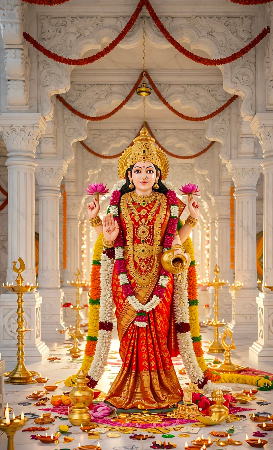 Goddess Lakshmi idol in a decorated temple with flowers and lamps.