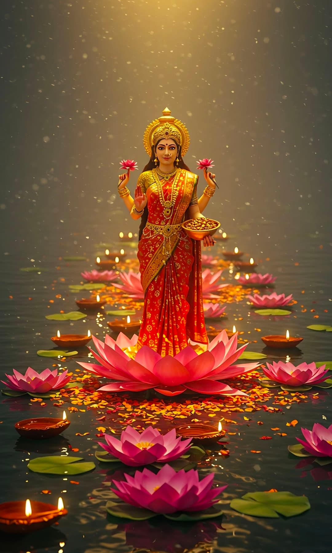 Goddess Lakshmi standing on lotus with diyas, flowers, and golden glow.