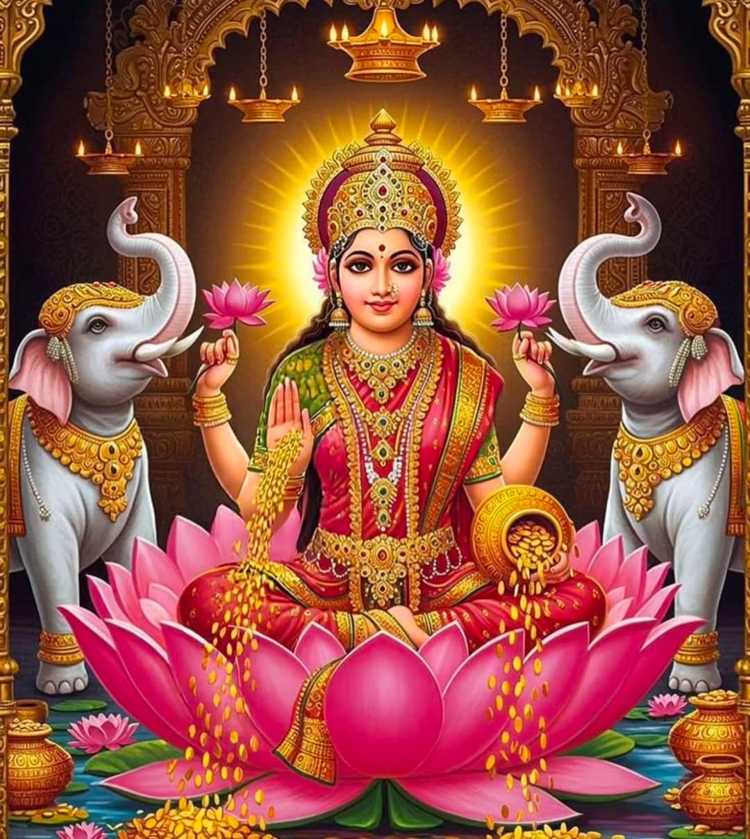 Goddess Lakshmi sitting on lotus with elephants, gold coins, and divine aura.