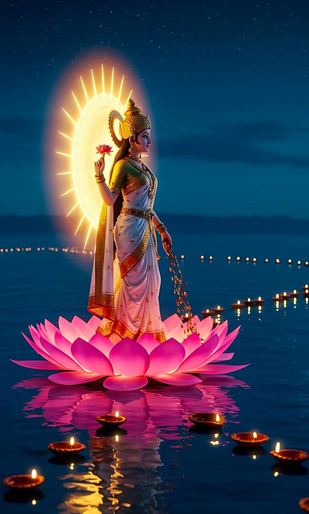 Goddess Lakshmi standing on lotus with golden aura and lamps at night.