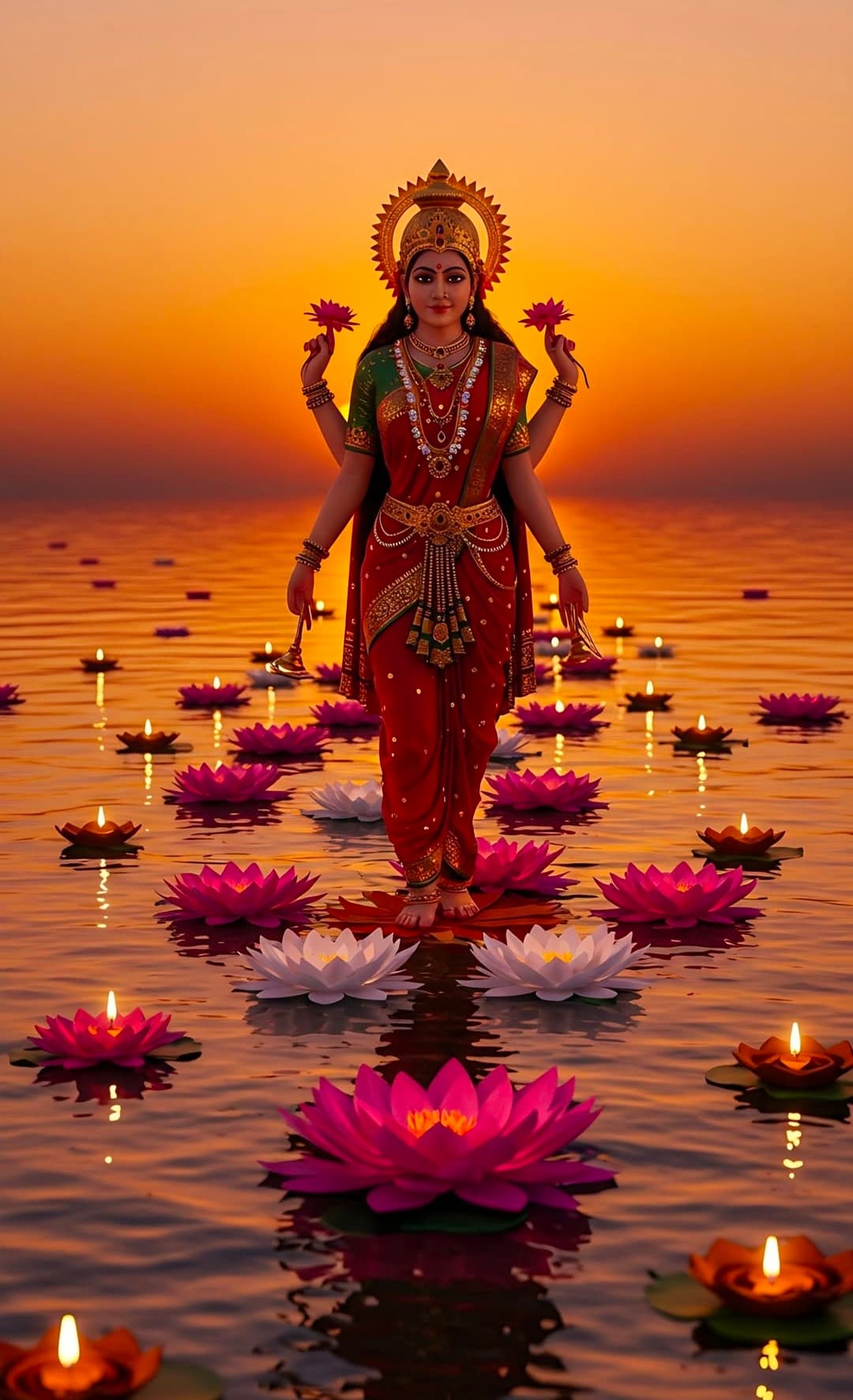 goddess-lakshmi-on-lotus-with-lamps-at-sunset