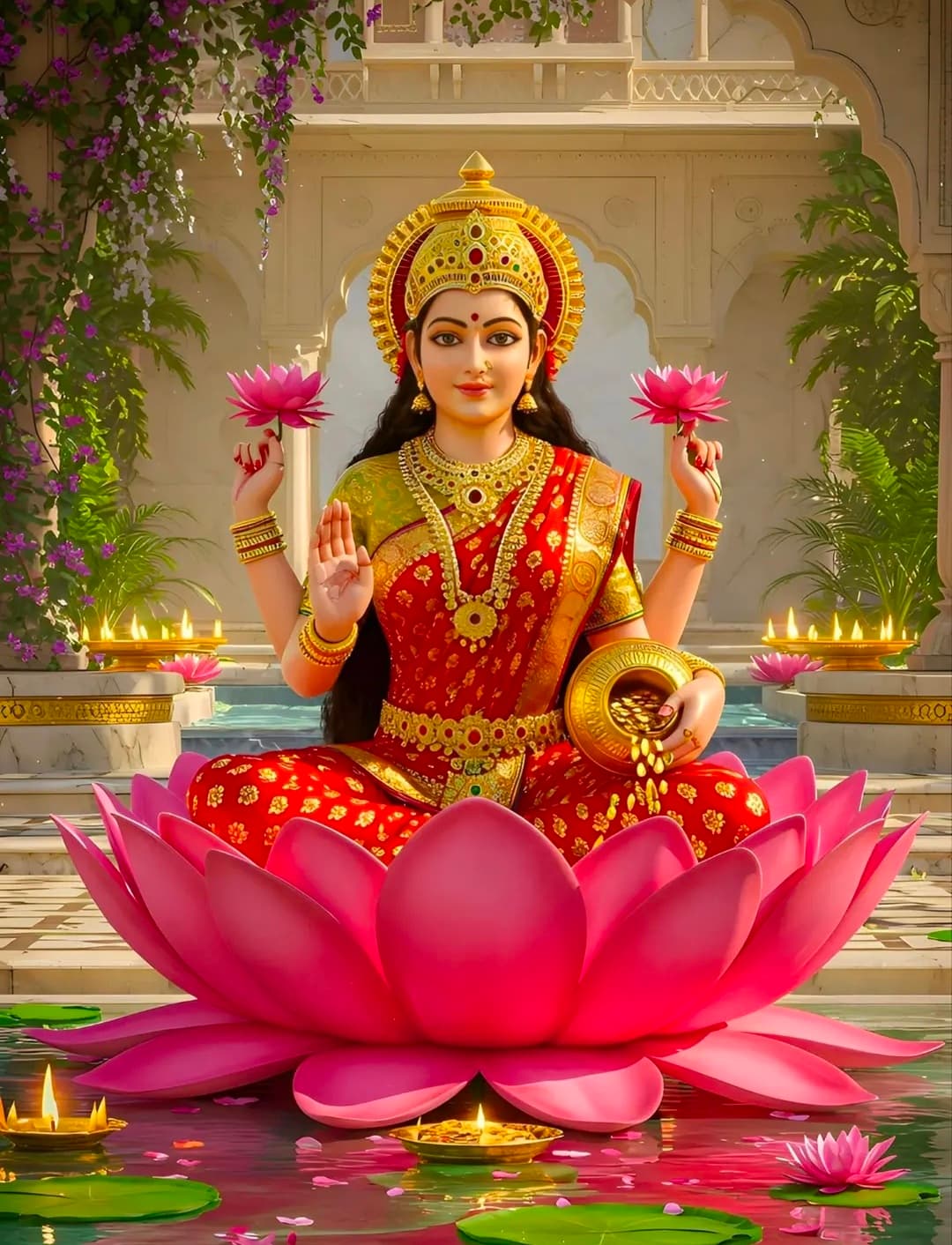 Goddess Lakshmi sitting on pink lotus holding lotus flowers with gold coins flowing.