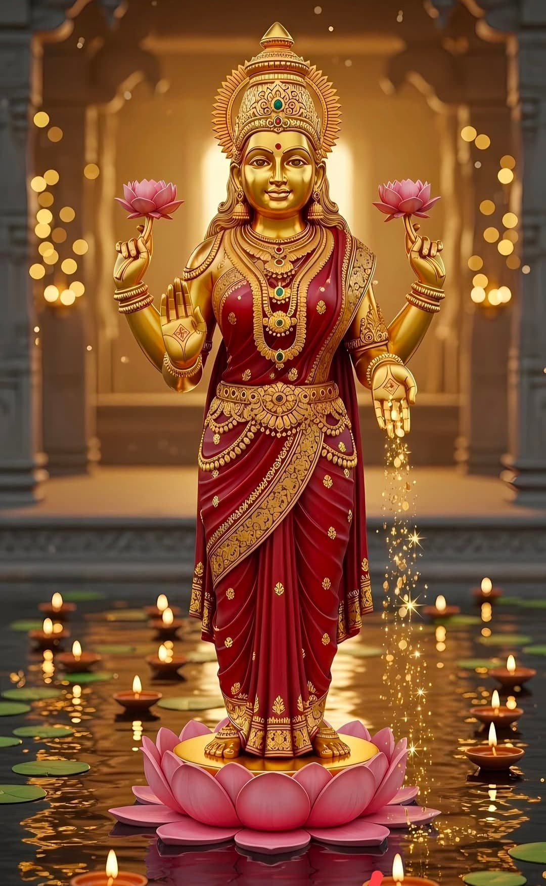 Goddess Lakshmi standing on a lotus, holding flowers, with lamps around.