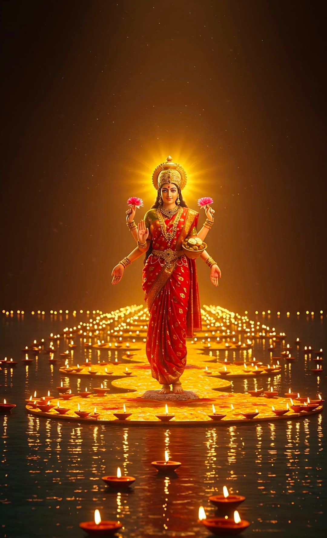 Goddess Lakshmi standing on lotus with golden aura, diyas, and blessings.