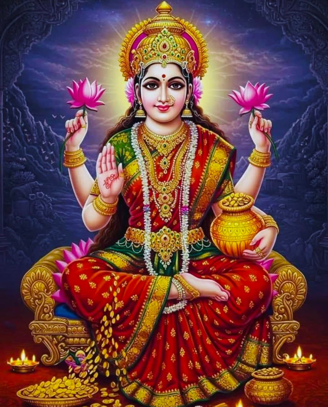 Goddess Lakshmi seated with lotus flowers, gold pot, and divine aura.