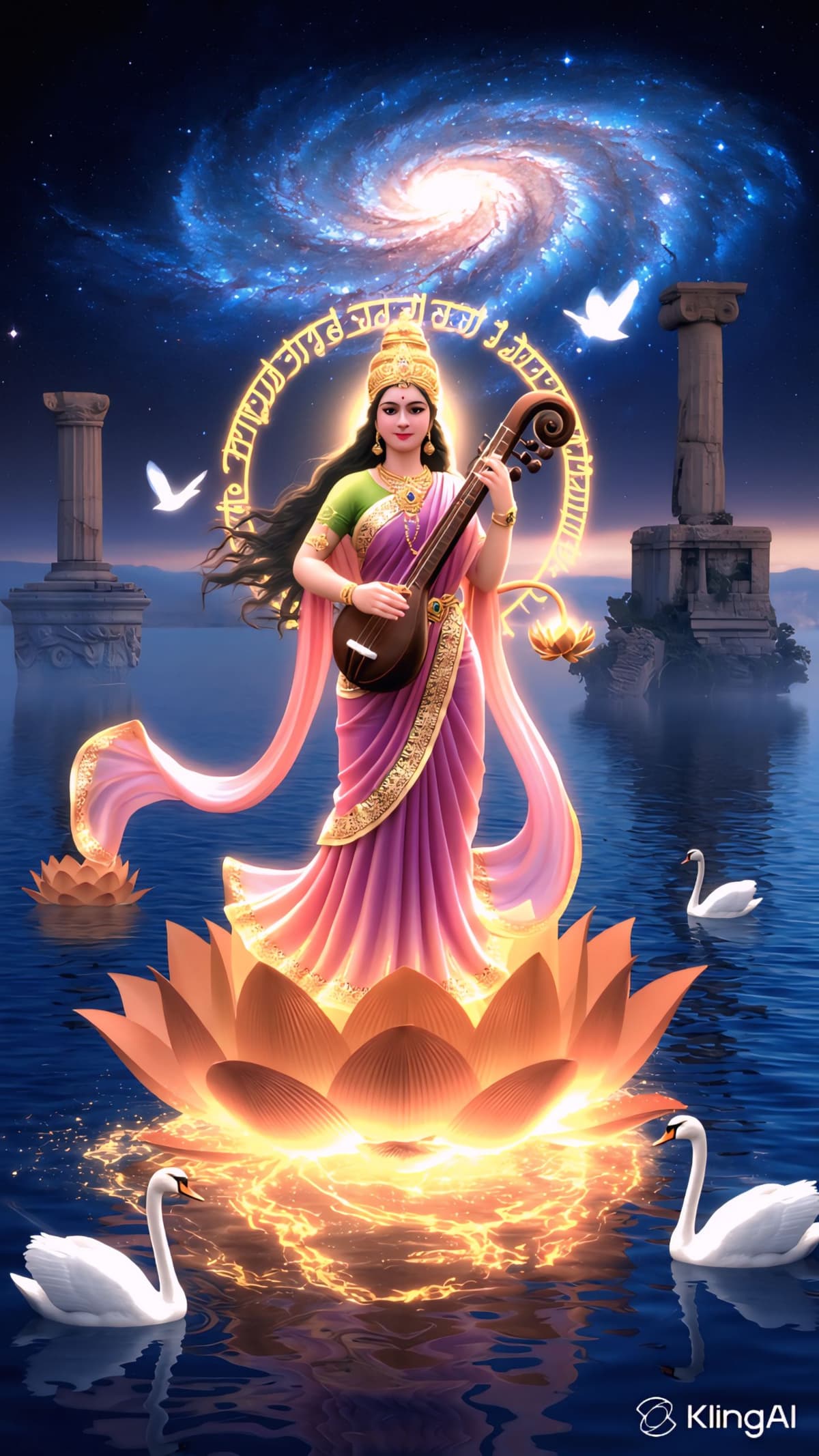 Experience divine energy with this Goddess Saraswati cosmic wallpaper. Free HD & 4K download, royalty-free and perfect for spiritual use, wallpapers, and creative designs.
