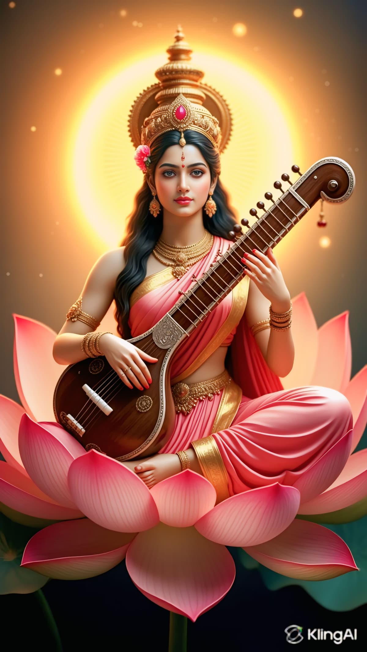 Divine HD image of Goddess Saraswati with golden crown and veena.