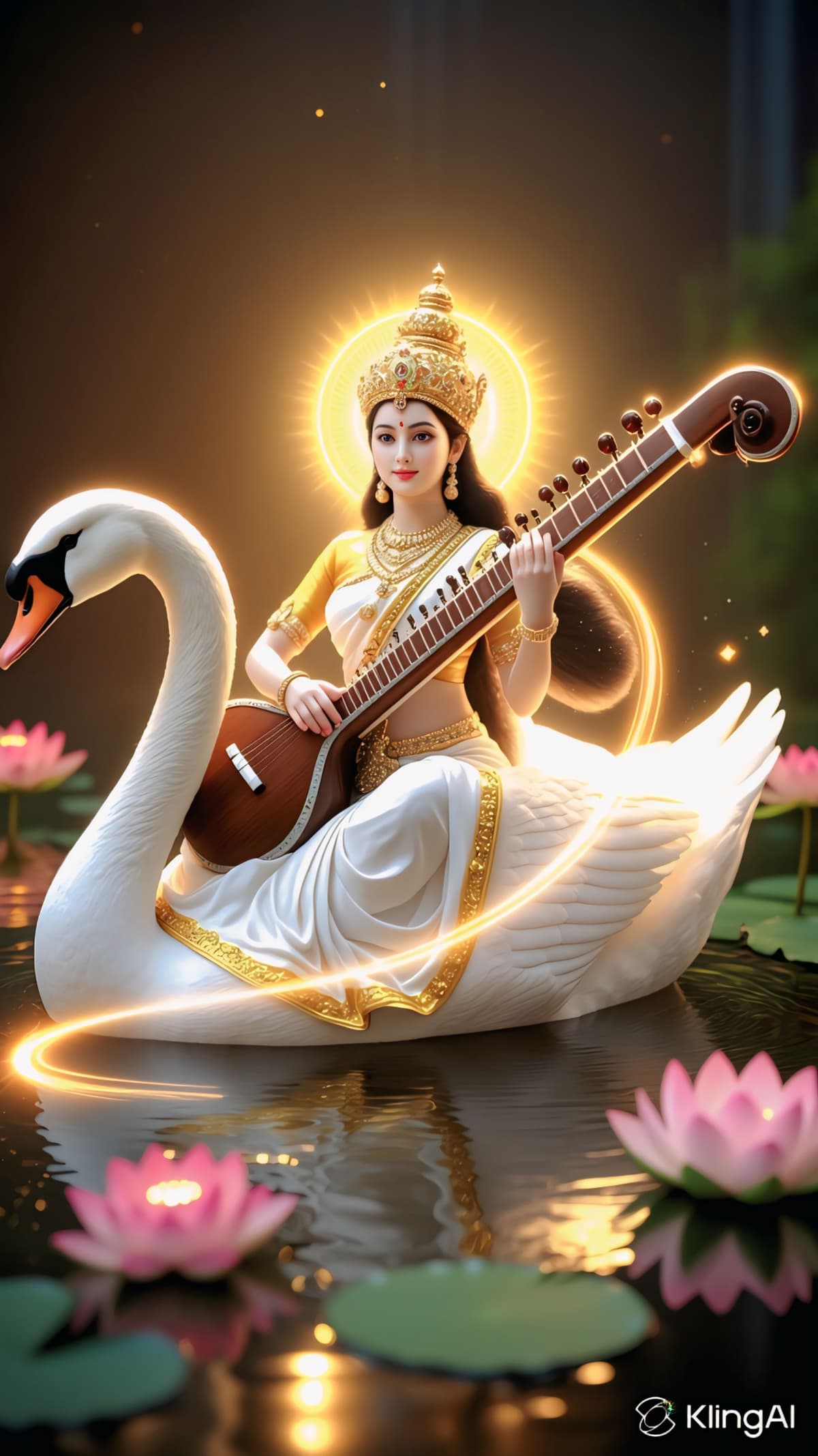 Divine 4K image of Goddess Saraswati seated on a swan, holding a veena with a golden halo, free HD wallpaper download