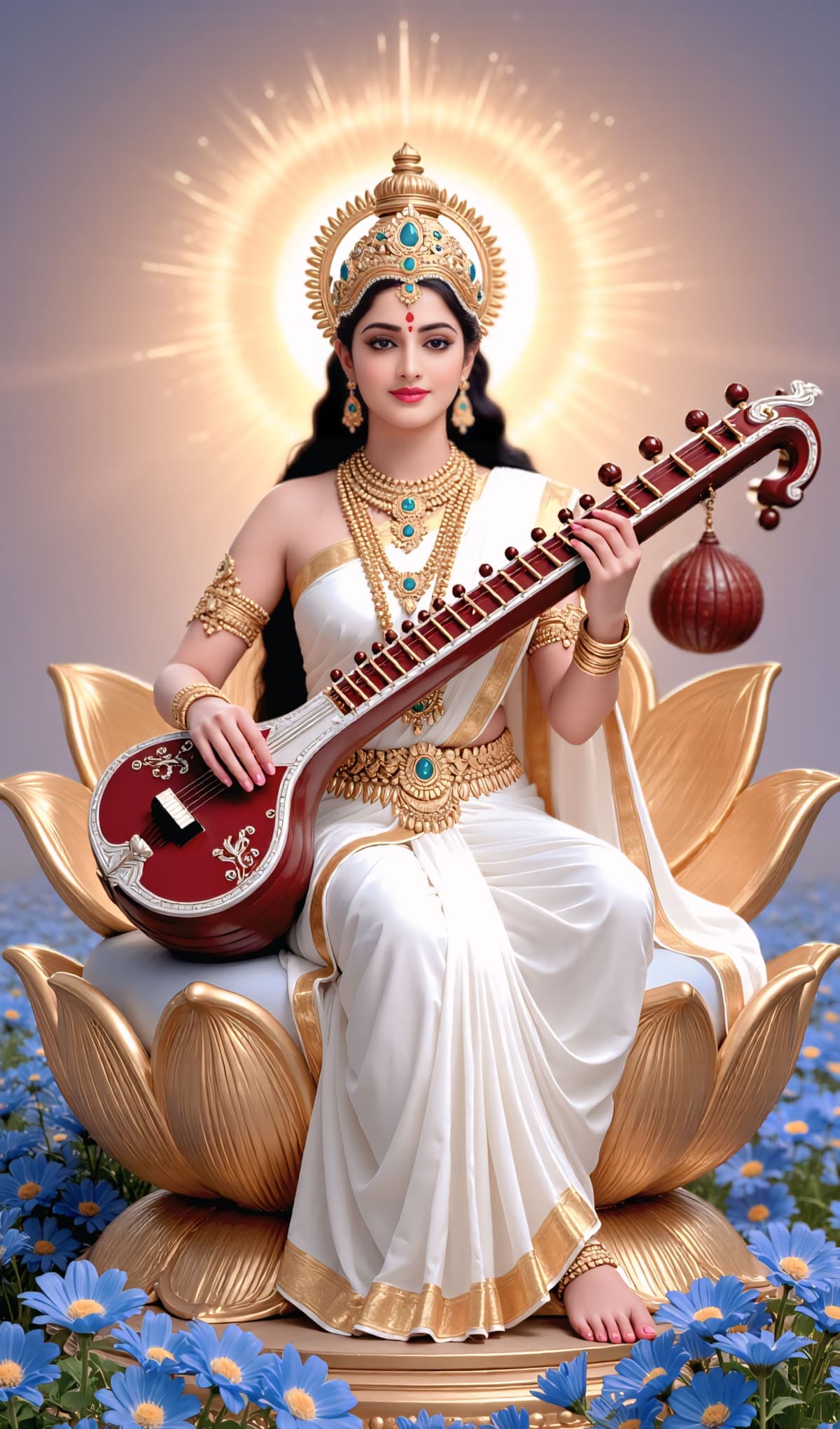 Divine Goddess Saraswati seated on a golden lotus holding veena, HD wallpaper free download.