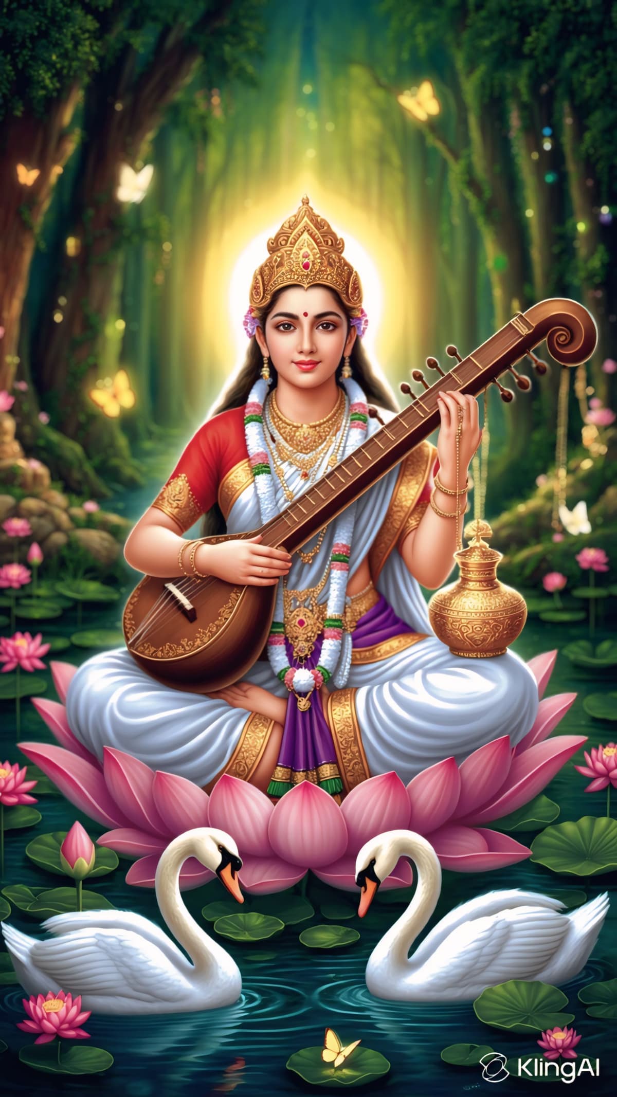 Divine 4K image of Goddess Saraswati seated on a lotus, playing the veena with swans, royalty-free and free to download