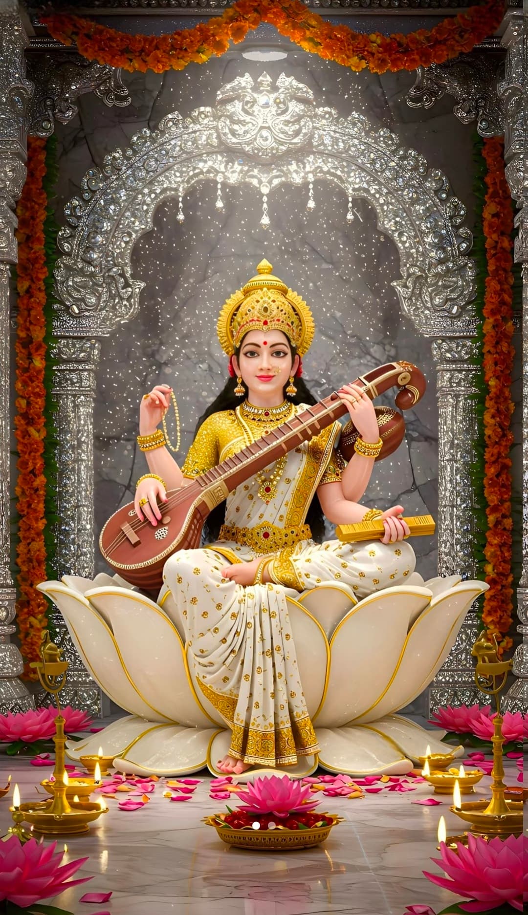 Idol of Goddess Saraswati sitting on white lotus holding veena, surrounded by lamps and flowers.