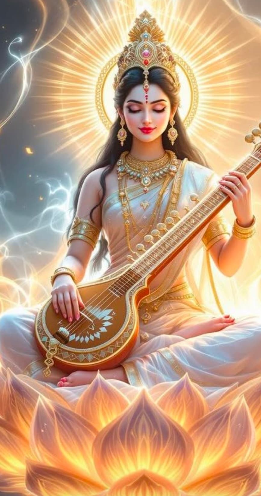 Saraswati idol seated on lotus, holding veena, wearing white saree with golden ornaments.