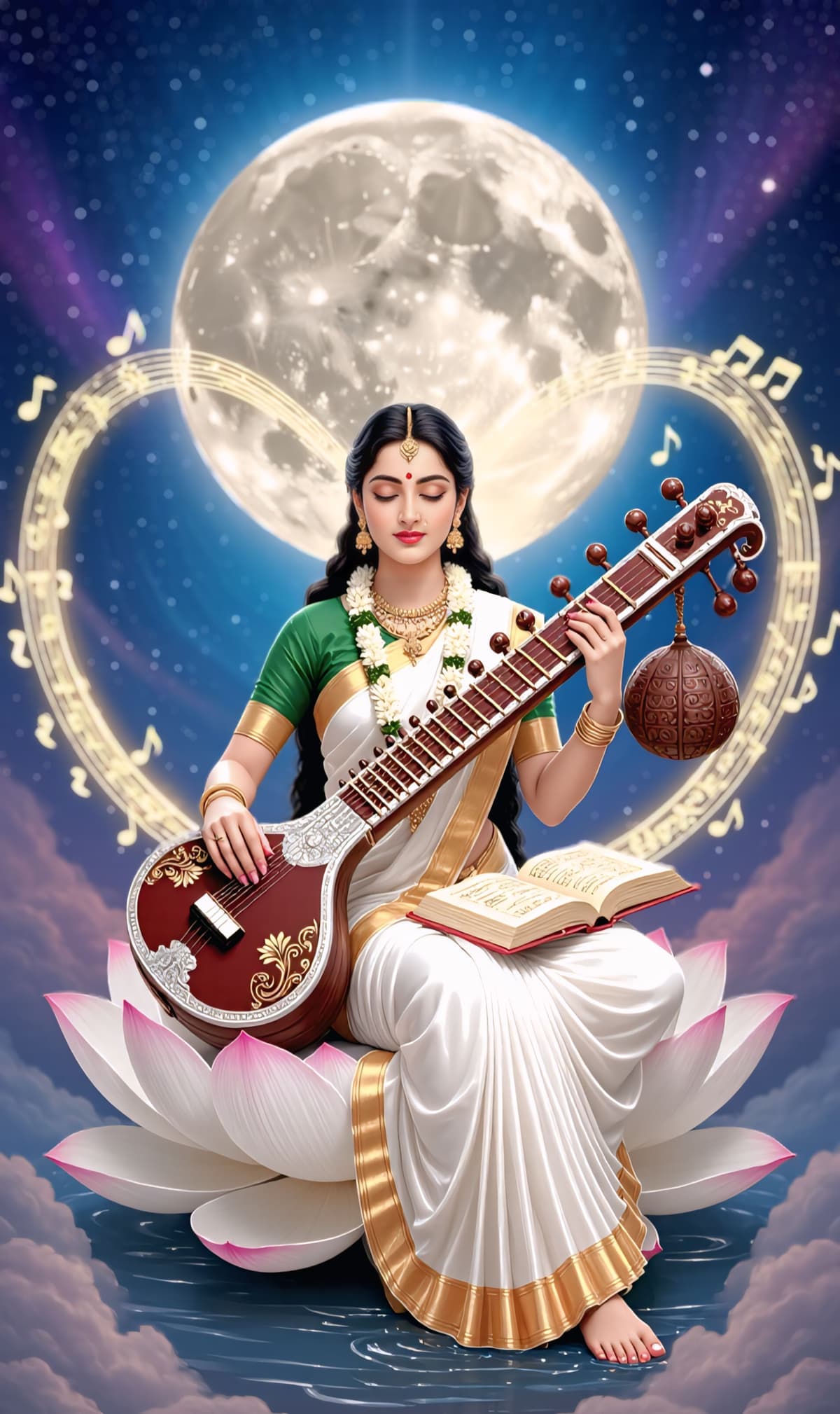 HD image of Goddess Saraswati holding veena and book under moonlight.