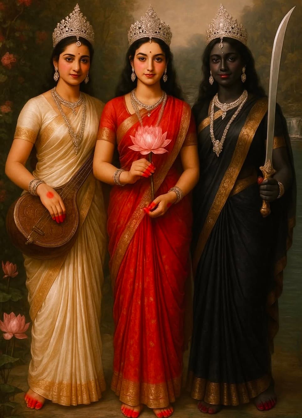 Image of Goddess Saraswati with veena, Goddess Lakshmi with lotus, and Goddess Kali with sword.