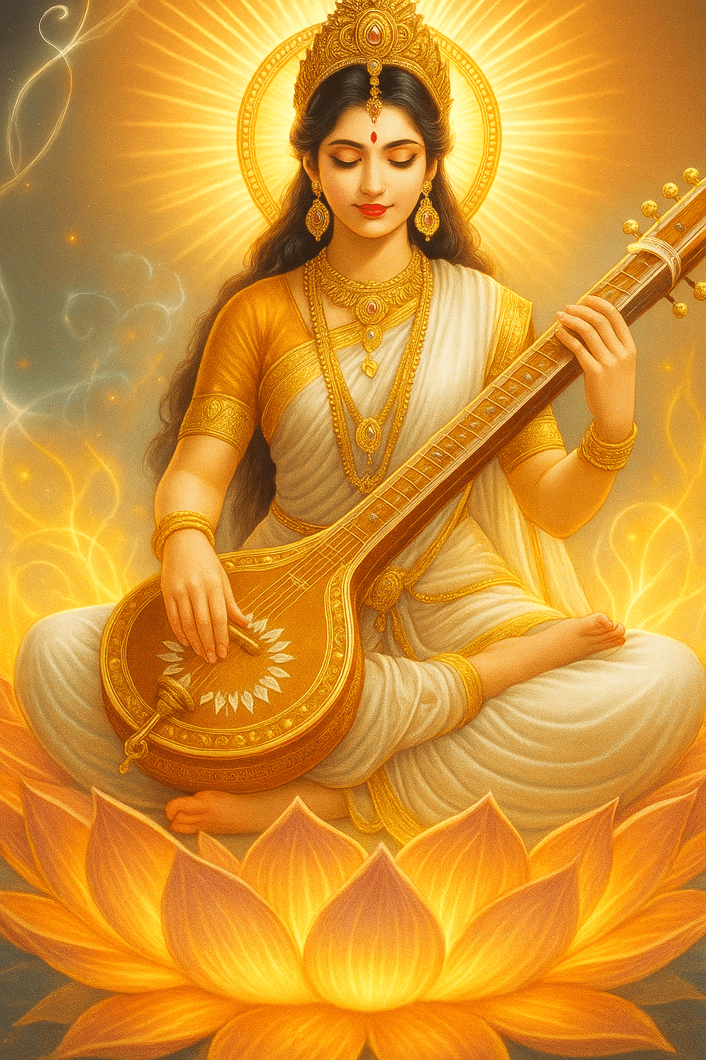 Divine image of Goddess Saraswati seated on lotus playing veena