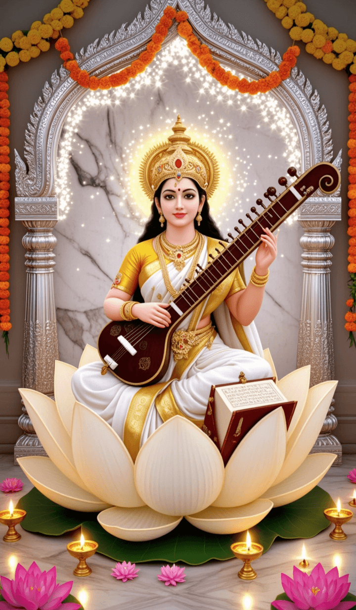 Image of Goddess Saraswati sitting on lotus with veena and holy book