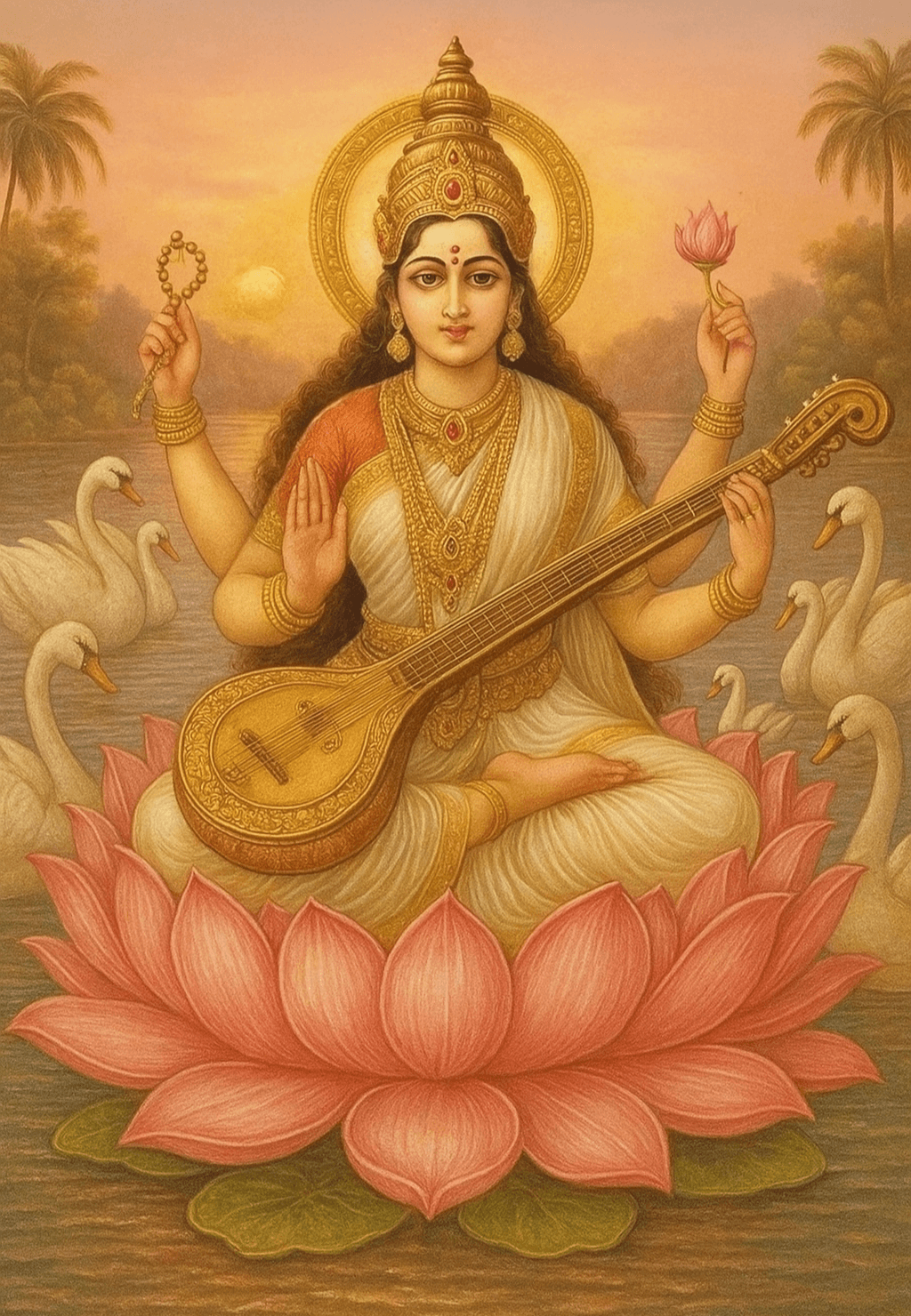 Image of Goddess Saraswati sitting on pink lotus with veena and swans