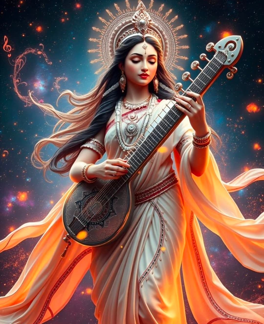 Goddess Saraswati playing veena with a glowing divine aura in the cosmic background.