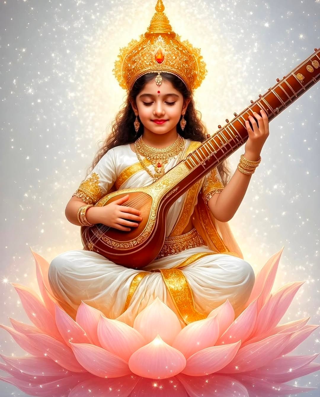 Goddess Saraswati sitting on a lotus and playing the veena with golden divine aura.
