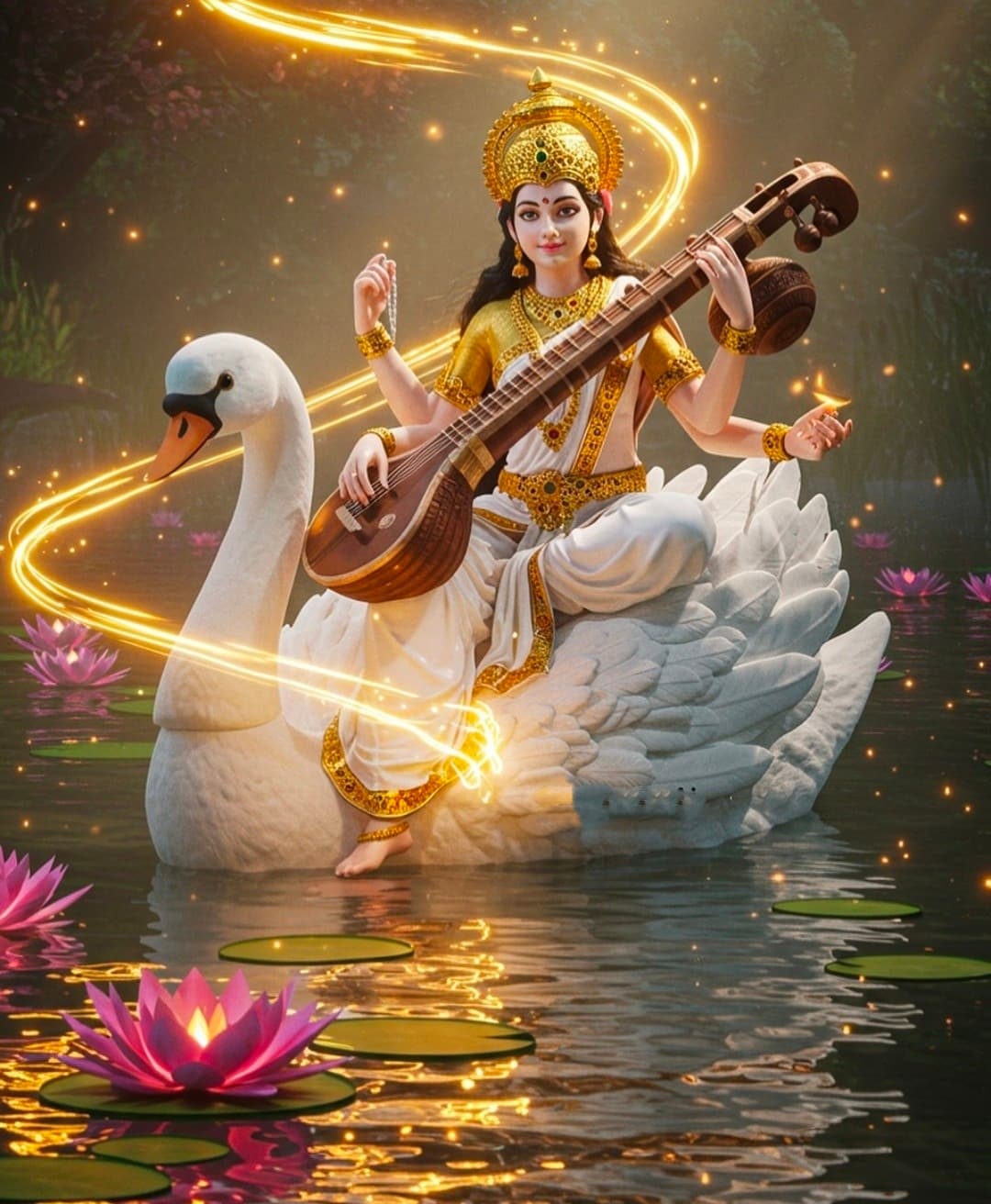 Goddess Saraswati sitting on a swan, holding veena, surrounded by lotus flowers in water.