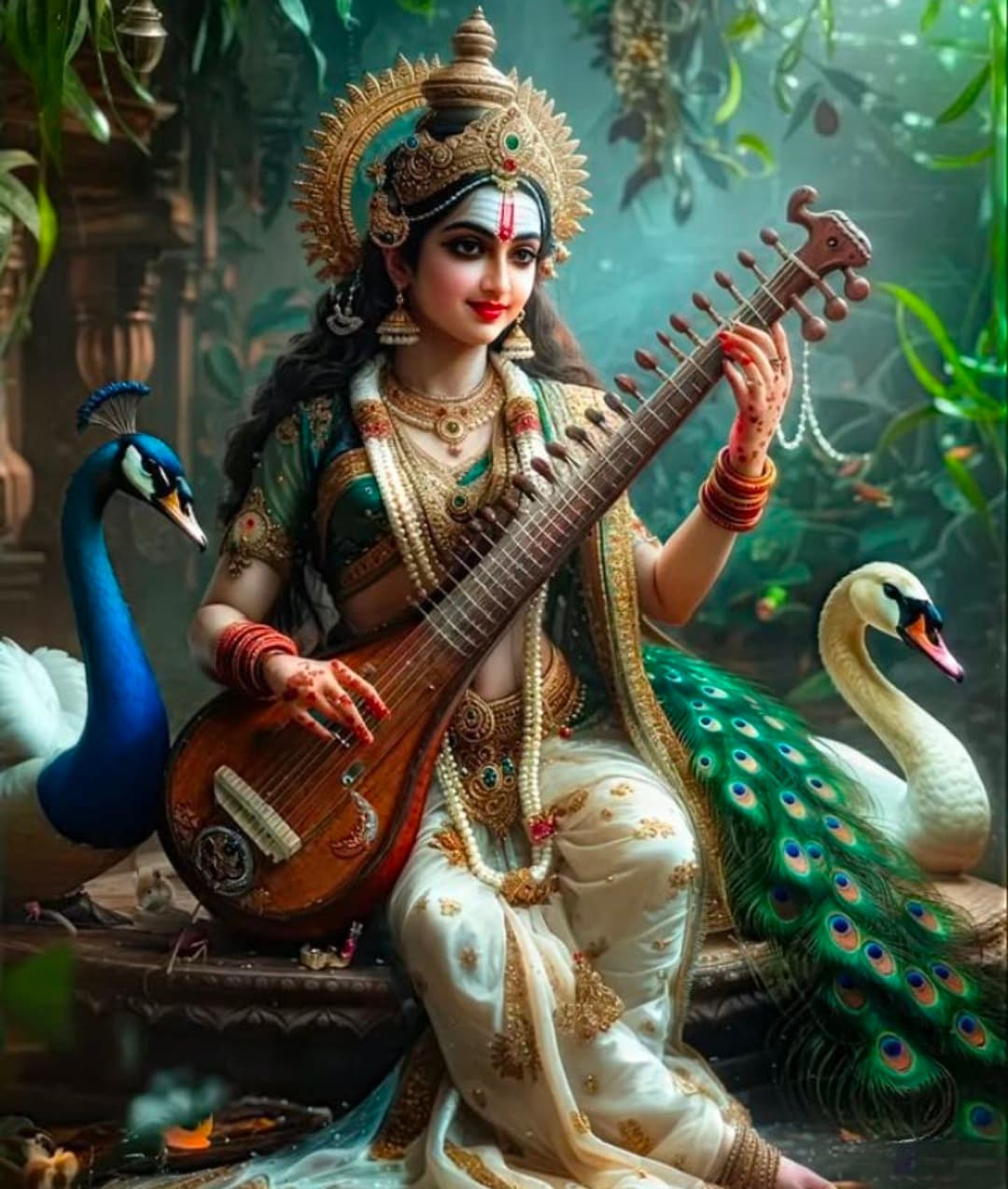 Goddess Saraswati sitting with veena, swan, and peacock in a serene background.