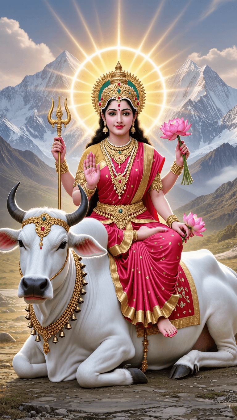 Goddess Shailputri seated on Nandi with trident and lotus