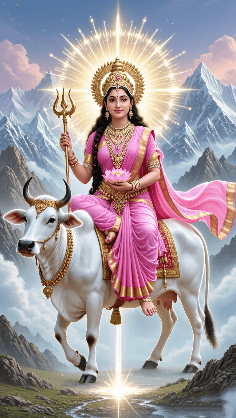 Goddess Shailputri with divine aura riding Nandi bull