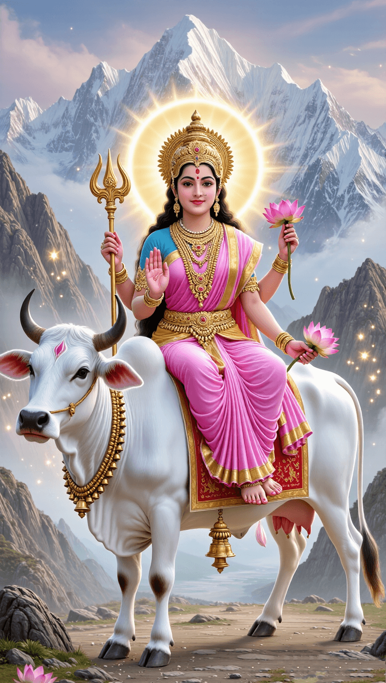 Goddess Shailputri riding Nandi with lotus and trident