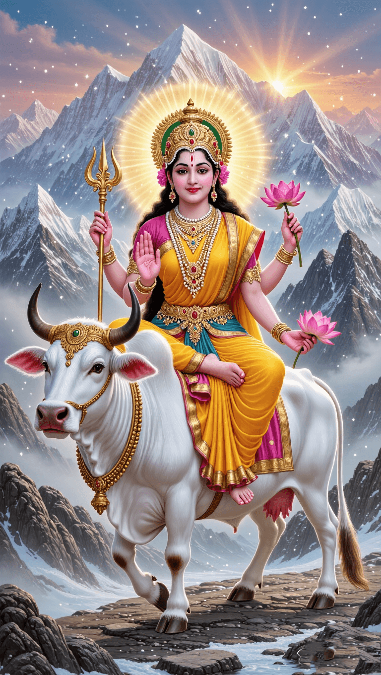 Maa Shailputri riding Nandi with trident and lotus in Himalayas