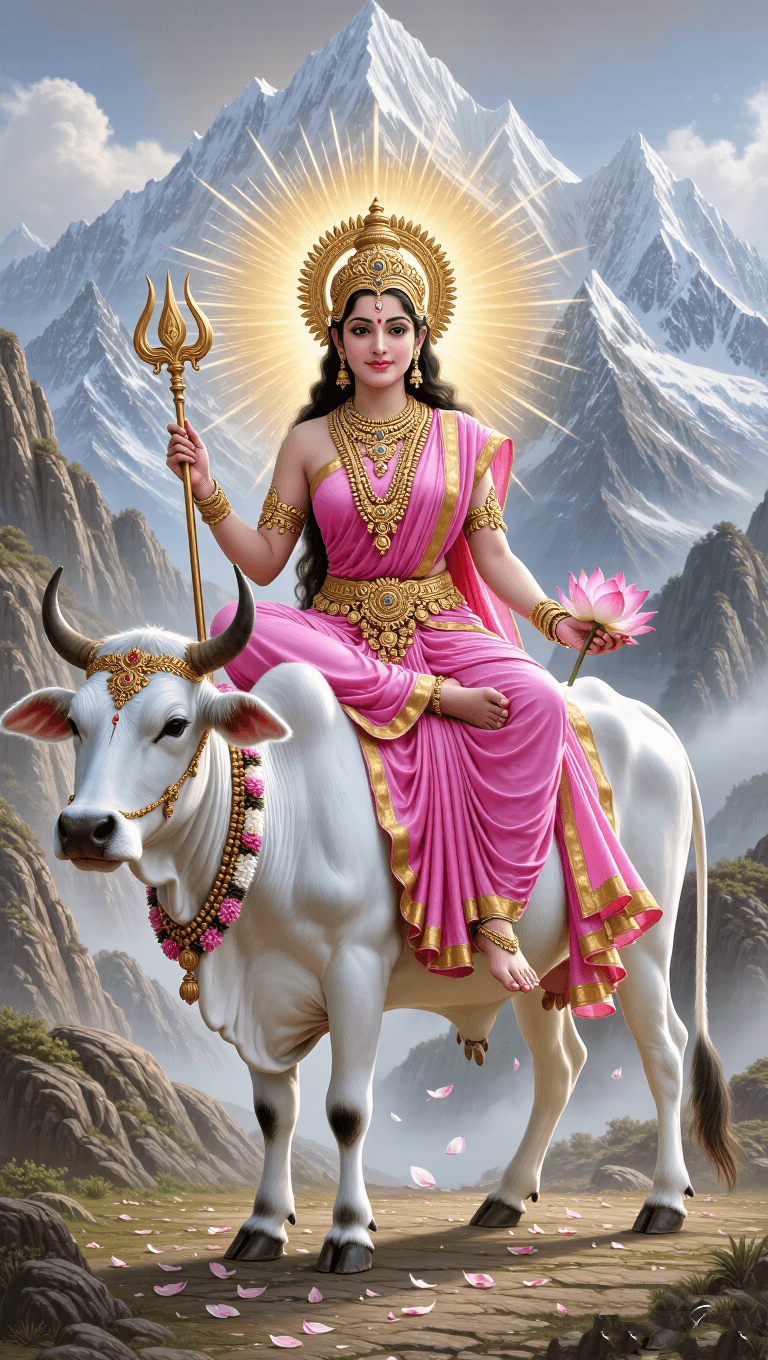 Goddess Shailputri on Nandi holding trident and lotus