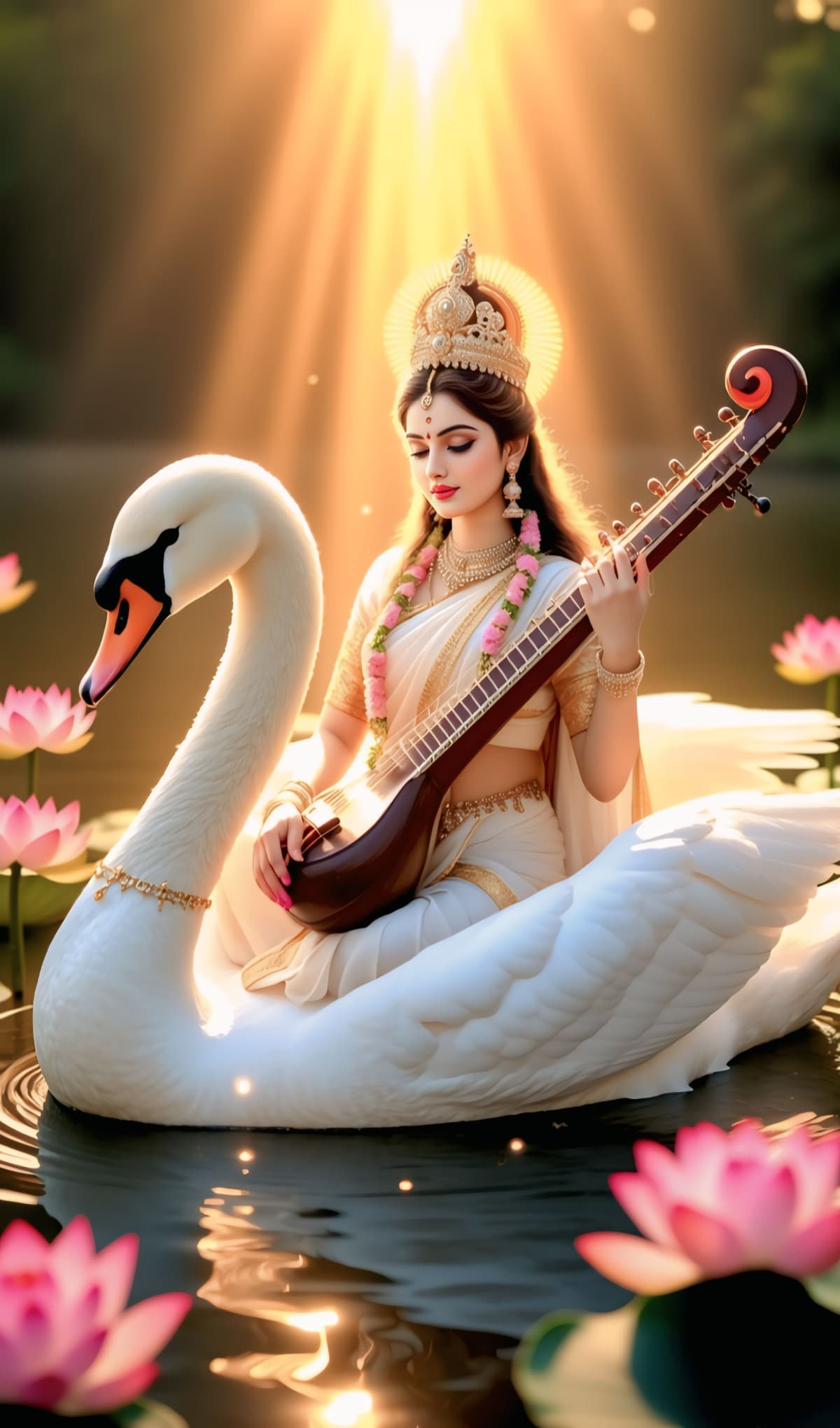 Goddess Saraswati with swan under golden sunlight