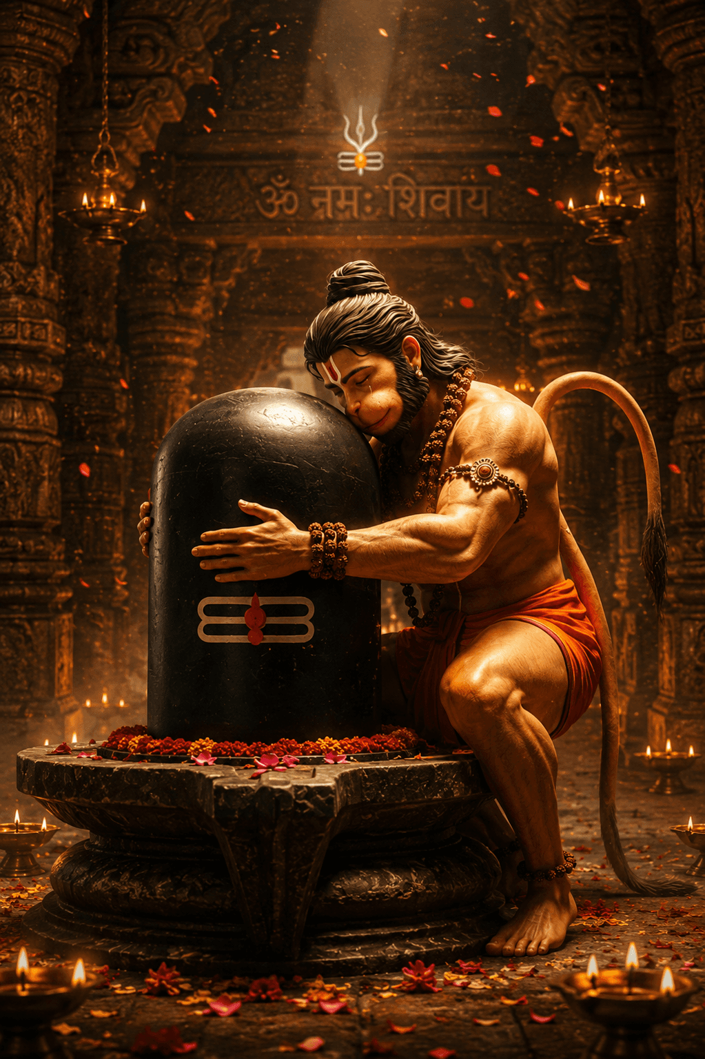 Powerful 4K image of Lord Hanuman lovingly embracing the sacred Shivling inside a temple with Om Namah Shivaya, free HD download for wallpapers and devotional use.