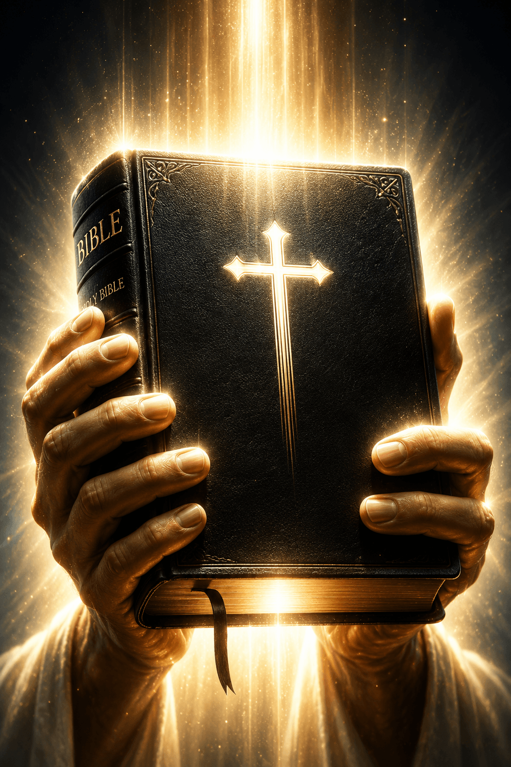 High-resolution 4K image of hands holding a glowing Holy Bible with a radiant cross, ideal for Christian wallpapers, church designs, and devotional artwork.