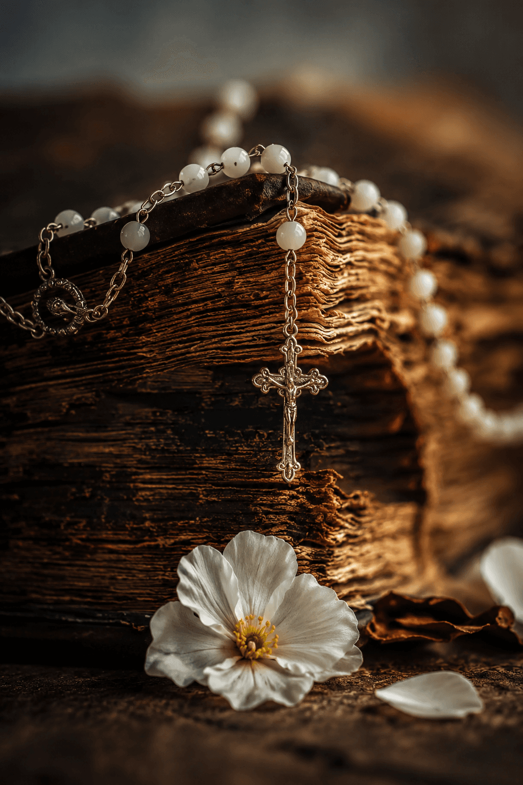 High-resolution 4K image of a vintage Holy Bible with a rosary, crucifix, and white flower, perfect for Christian prayer, church designs, devotional artwork, and wallpapers.